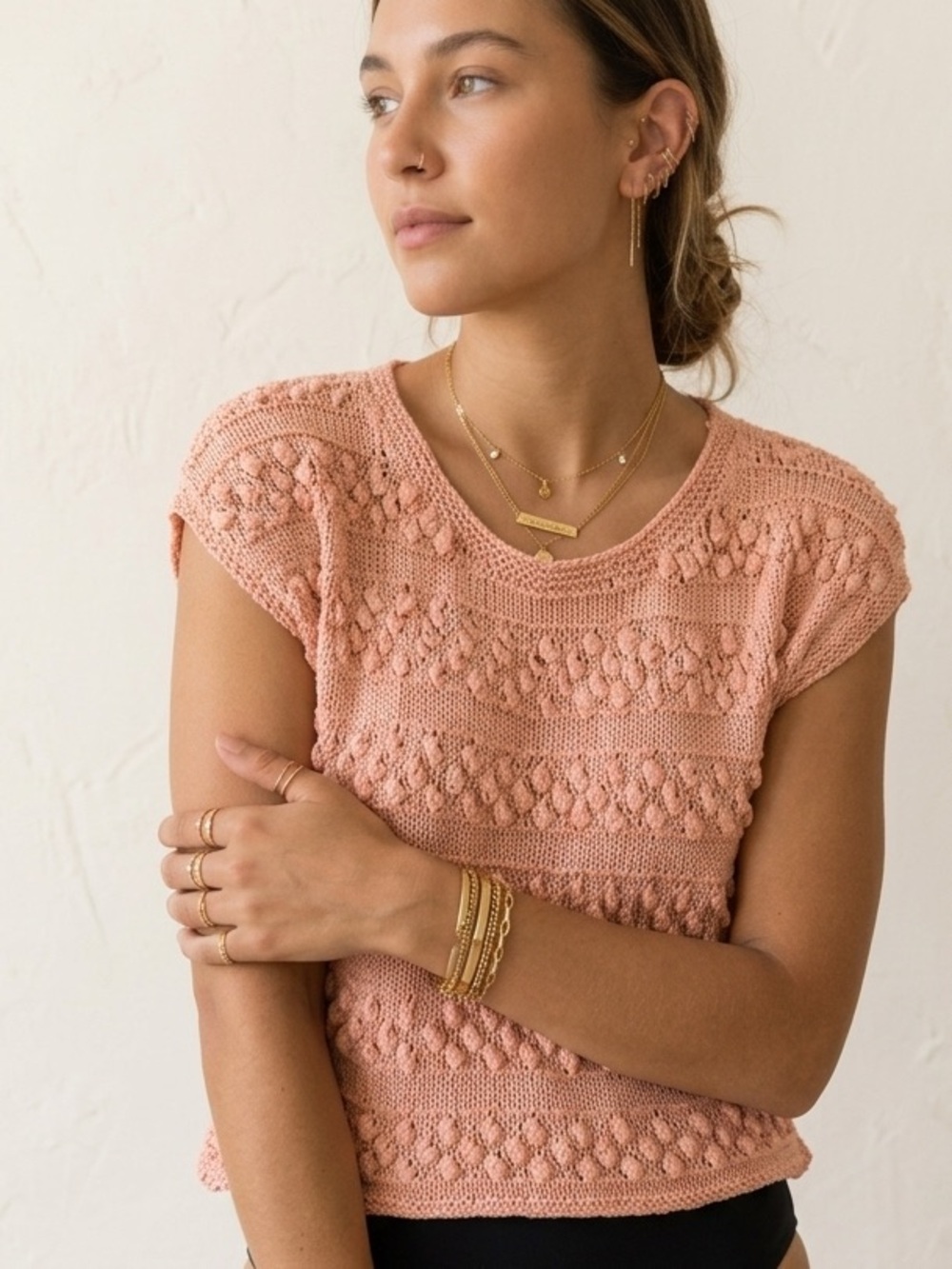 Handmade We Are Knitters Pink Bobble Stitch Cotton Tee/Swim Coverup - S